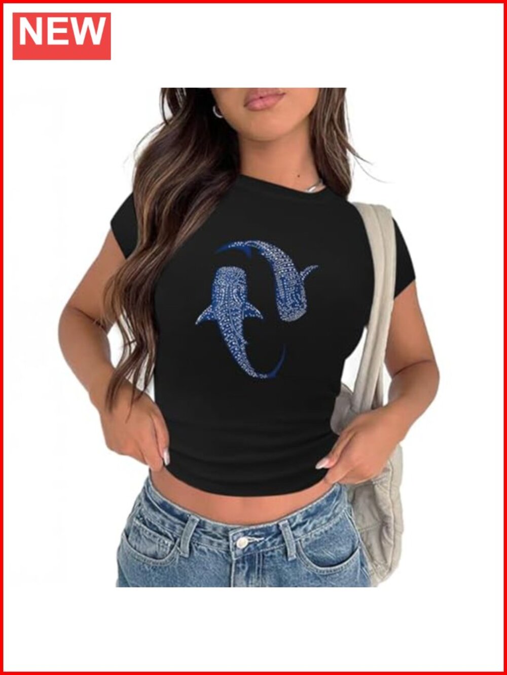 Shark Graphic Crop Top Short Sleeve Cotton Crew Neck Y2K Beach Summer Tee